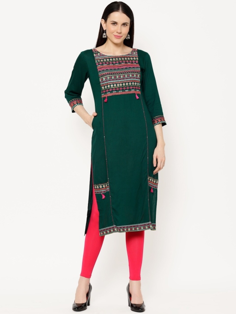 

Ramas Women Green Yoke Design Ethnic Motifs Embroidered Straight Kurta