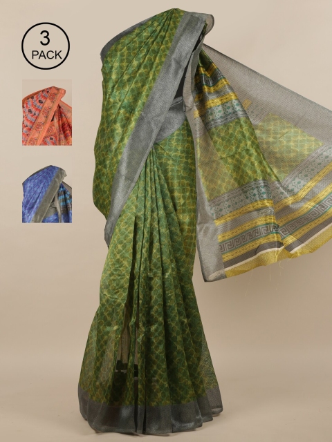 

Pothys Pack Of 3 Floral Jute Silk Saree, Green