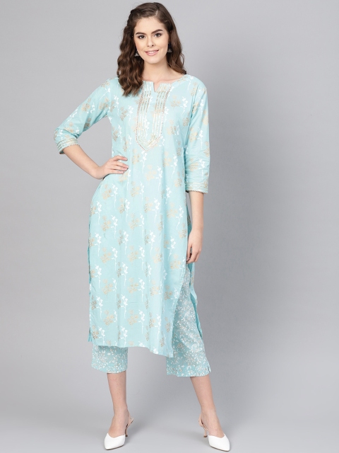 

Ishin Women Blue Ethnic Motifs Printed Pure Cotton Kurti with Trousers