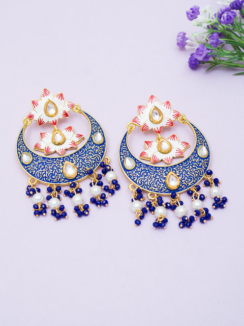 

Golden Peacock Blue & Pink Crescent Shaped Chandbalis Earrings