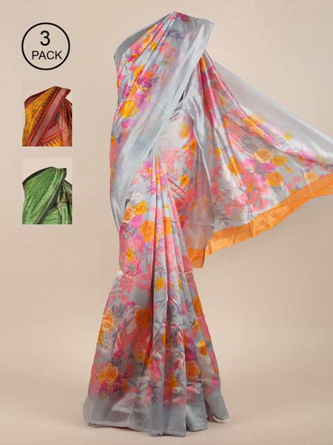 

Pothys Grey & Orange Pack of 3 Floral Jute Silk Saree