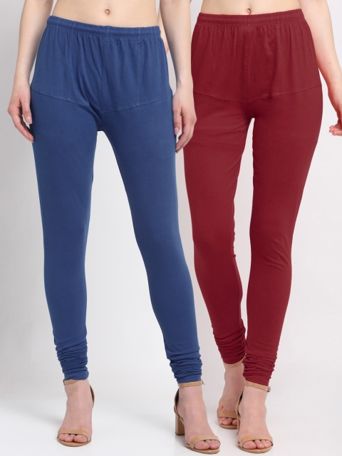

KLOTTHE Women Pack Of 2 Solid Churidar-Length Cotton Leggings, Blue