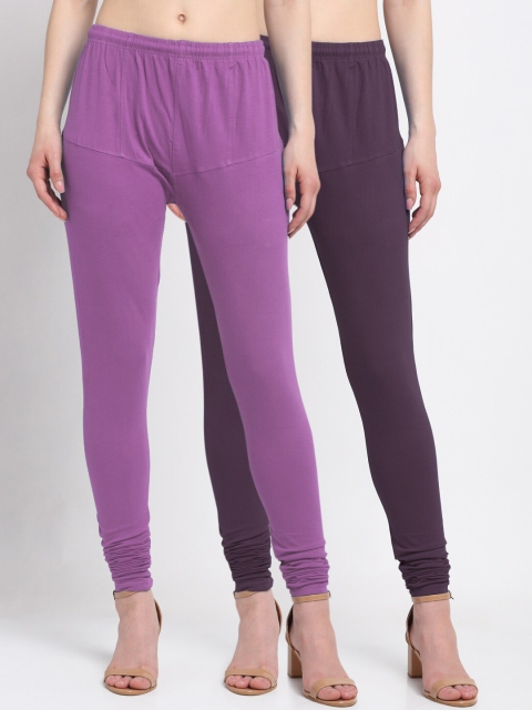 

KLOTTHE Women Pack Of 2 Solid Cotton Churidar-Length Leggings, Purple