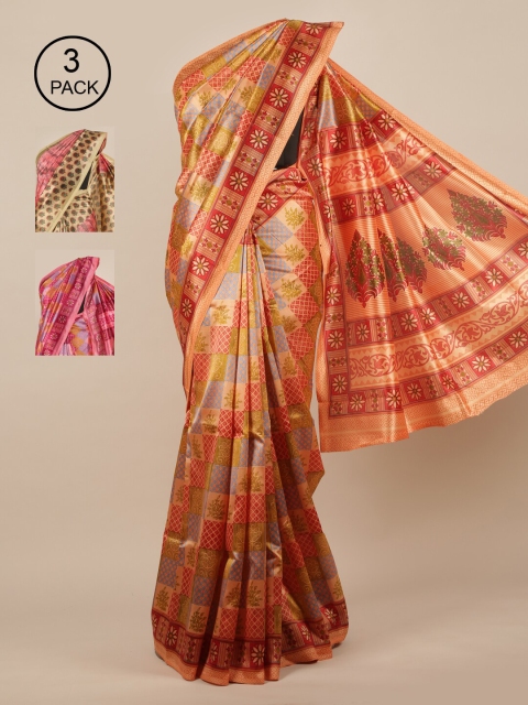 

Pothys Peach-Coloured & Pink Pack of 3 Jute Silk Saree