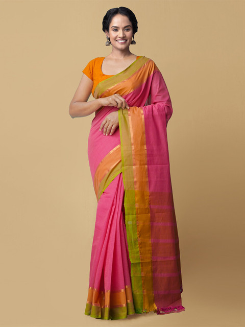 

Unnati Silks Pink & Yellow Pure Cotton Mangalagiri Saree