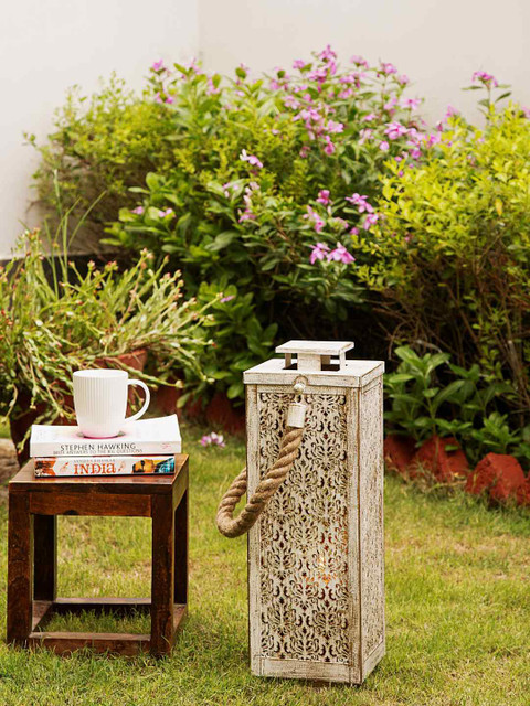 

Amoliconcepts Off White Large Distress Finish Square Lantern with Rope Handle, Coffee brown