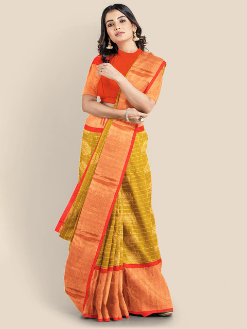 

Kalamandir Mustard & Red Ethnic Motifs Cotton Blend Saree