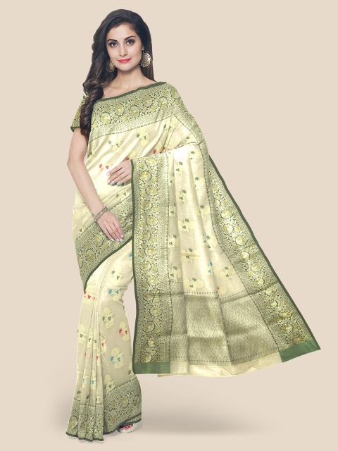 

Kalamandir Cream-Coloured & Green Woven Design Silk Blend Banarasi Saree