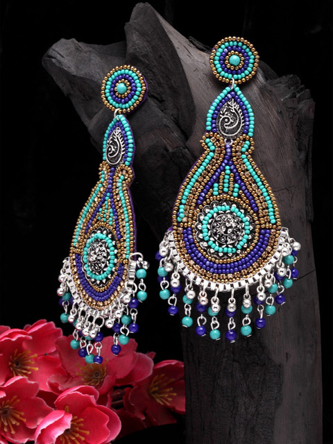 

Moedbuille Turquoise Blue Beads Studded Oxidised Handcrafted Earrings