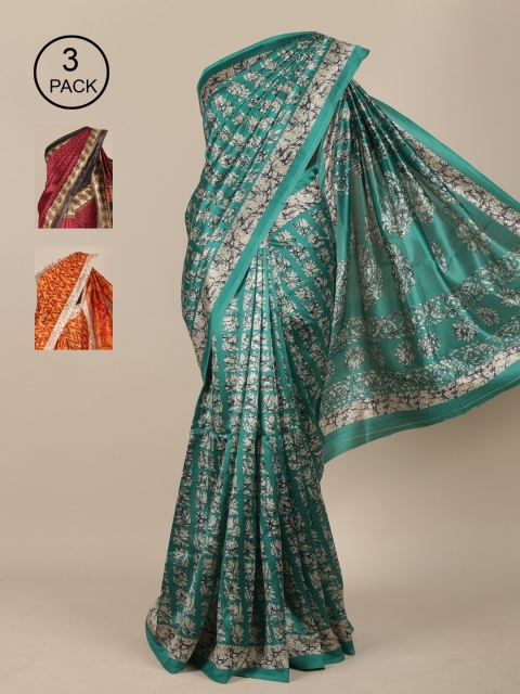 

Pothys Pack of 3 Ethnic Motifs Printed Jute Silk Saree, Green