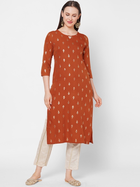 

Os Women Rust Brown & Gold-Toned Ethnic Motifs Printed Keyhole Neck Crepe Kurta