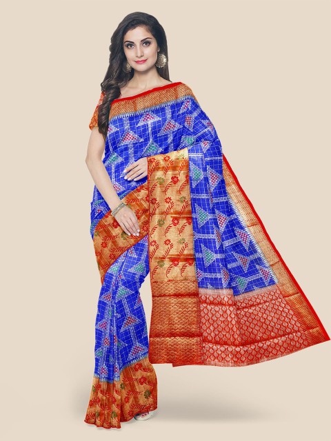 

Kalamandir Blue & Red Zari Silk Blend Ready to Wear Banarasi Saree