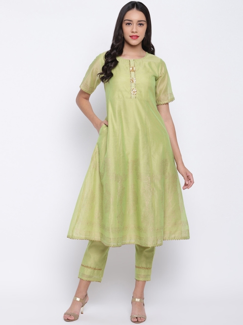 

Shakumbhari Women Green Pleated Chanderi Silk Kurta with Trousers