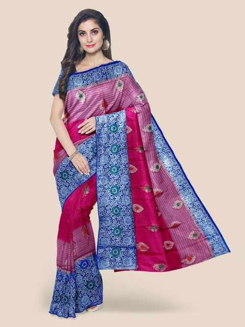 

Kalamandir Pink & Blue Ethnic Motifs Silk Blend Banarasi Saree