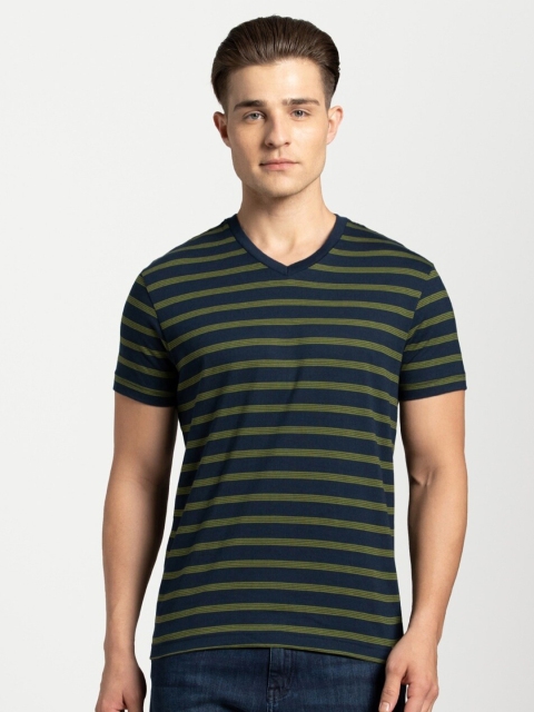 

Jockey Men Green & Navy Blue Striped V-Neck T-shirt