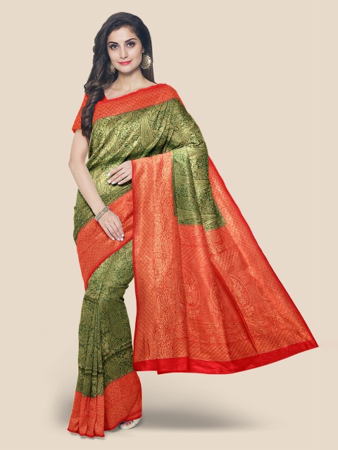 

Kalamandir Green & Red Ethnic Motifs Silk Blend Banarasi Saree