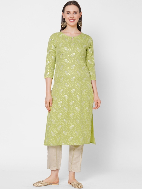 

Os Women Lime Green & Silver-Toned Ethnic Motifs Printed Keyhole Neck Crepe Kurta