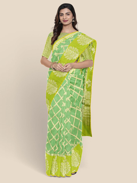 

Kalamandir Green & Gold-Toned Checked Zari Banarasi Saree