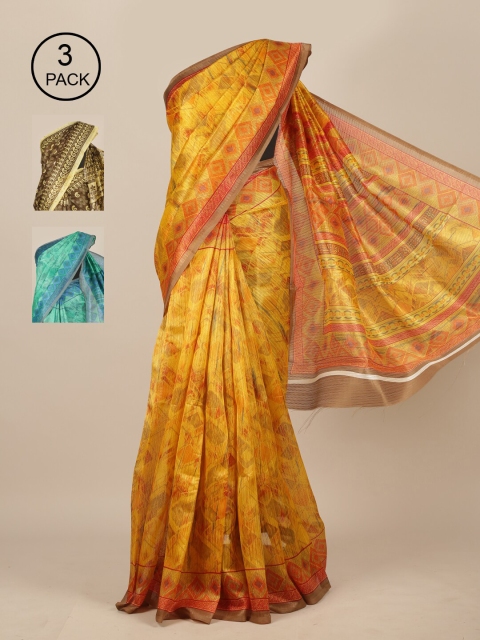 

Pothys Yellow & Brown Set of 3 Jute Silk Saree