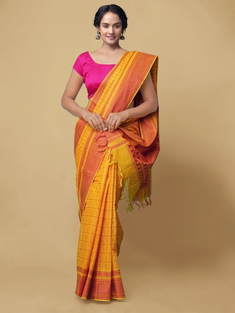 

Unnati Silks Yellow & Orange Checked Pure Cotton Handloom Mysore Silk Saree