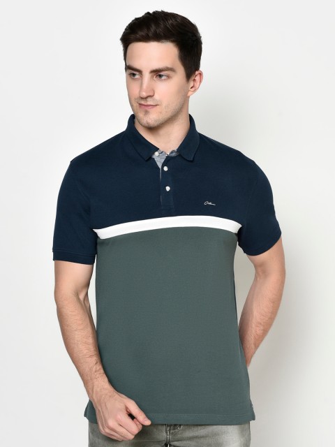

Octave Men Olive & Navy Blue Colourblocked Polo Collar T-shirt