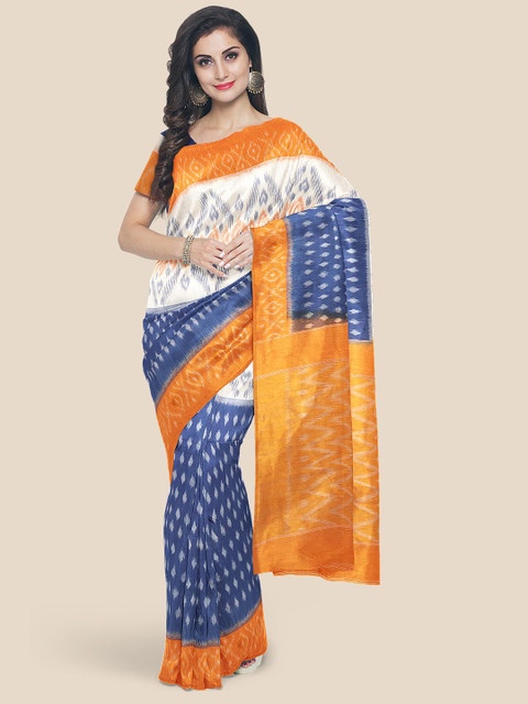 

Kalamandir Blue & Orange Ethnic Motifs Zari Saree