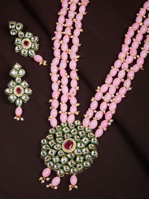 

GloBox By ZeroKaata Gold-Plated Green & Pink Kundan-Studded & Pearl Beaded Handcrafted Jewellery Set