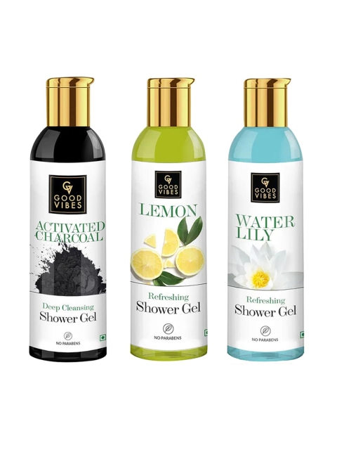 

Good Vibes Pack of 3 Body Wash - Activated Charcoal, Lemon, Waterlily 200 ml Each, Black