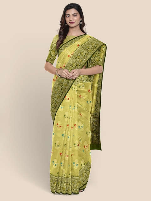 

Kalamandir Yellow & Green Woven Design Silk Blend Banarasi Saree