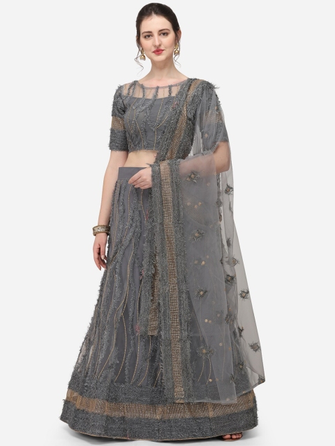 

JATRIQQ Grey Net Embroidered Semi Stitched Lehenga & Unstitched Blouse with Dupatta