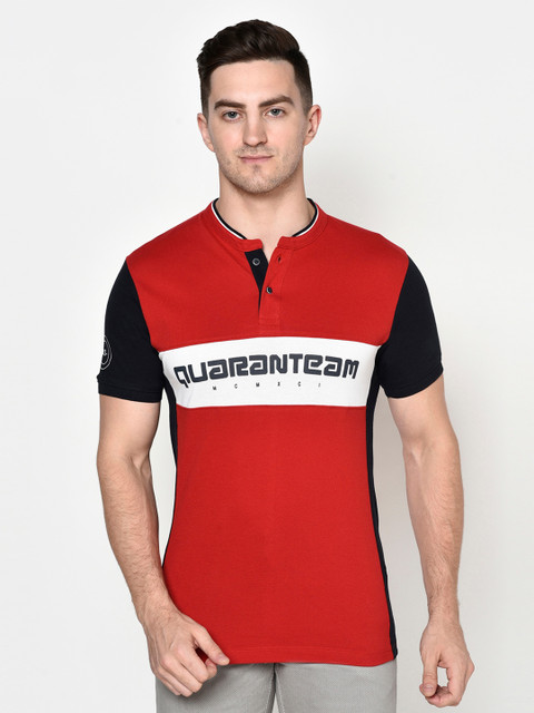 

Octave Men Red Typography Colourblocked Polo Collar T-shirt