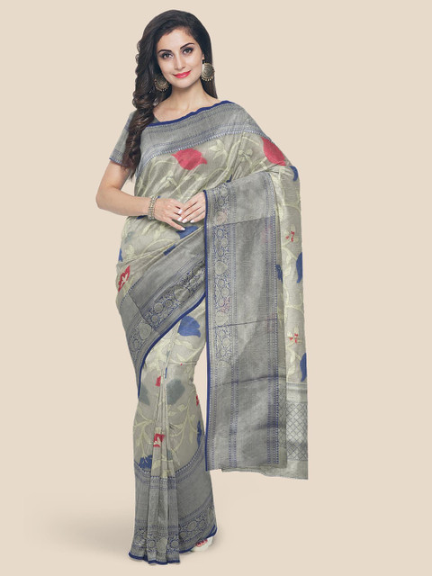 

Kalamandir Silver Floral Zari Silk Blend Banarasi Saree