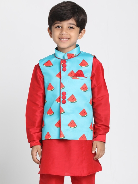 

VASTRAMAY Boys Blue & Red Water Melon Printed Satin Slim-Fit Nehru Jacket