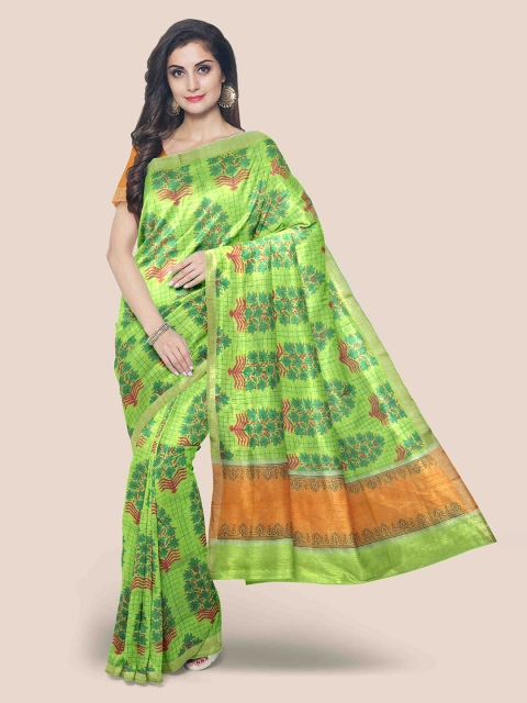 

Kalamandir Green & Orange Floral Linen Blend Saree