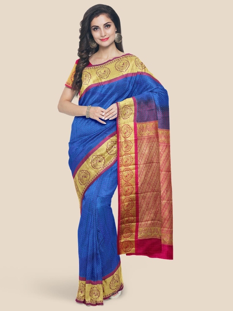 

Kalamandir Blue & Golden Woven Design Silk Blend Kanjeevaram Saree