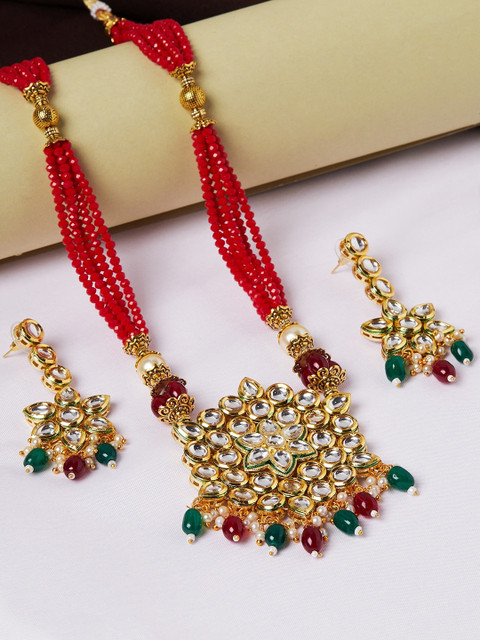 

GloBox By ZeroKaata Gold-Plated White & Red Kundan-Studded Handcrafted Jewellery Set
