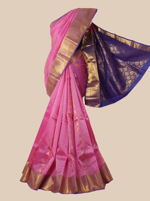 

Pothys Pink & Blue Woven Design Pure Silk Kanjeevaram Saree