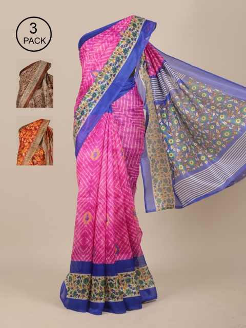

Pothys Pack of 3 Floral Printed Jute Silk Saree, Pink