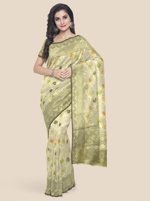 

Kalamandir Silver & Green Ethnic Motifs Silk Blend Banarasi Saree