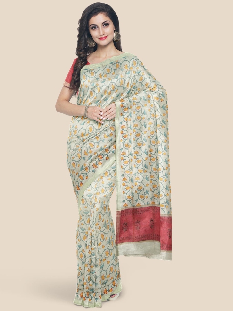 

Kalamandir Cream-Coloured & Blue Floral Linen Blend Saree