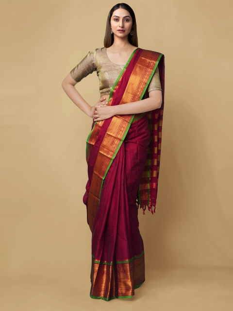 

Unnati Silks Maroon & Green Zari Silk Cotton Handloom Narayan Peth Saree