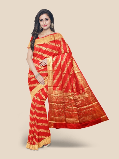 

Kalamandir Red & Gold-Toned Striped Zari Silk Blend Banarasi Saree