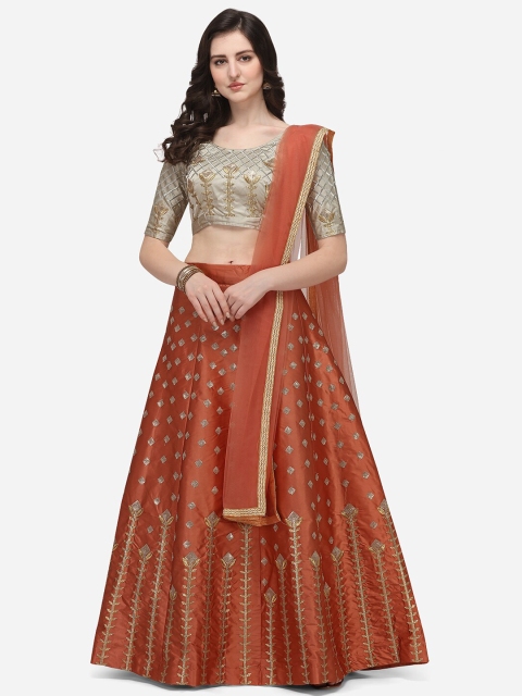 

JATRIQQ Women Brown Embroidered Semi Stitched Lehenga Choli With Dupatta