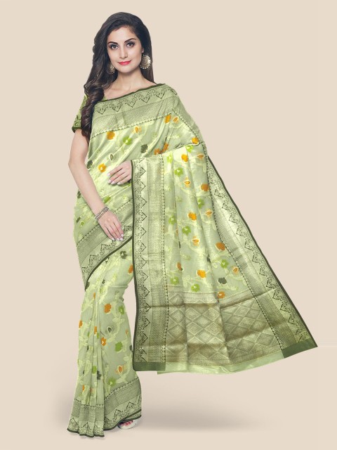 

Kalamandir Green & Yellow Ethnic Motifs Silk Blend Banarasi Saree