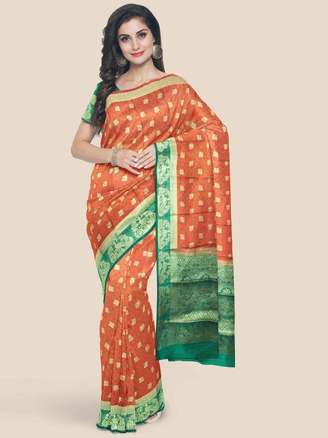 

Kalamandir Orange & Green Ethnic Motifs Zari Silk Blend Banarasi Saree
