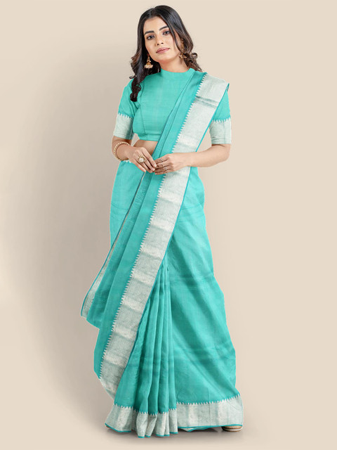 

Kalamandir Sea Green & Silver-Toned Zari Silk Cotton Mangalagiri Saree
