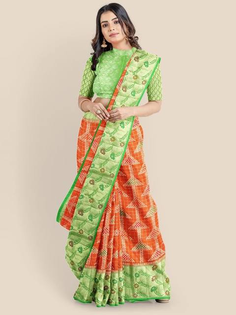 

Kalamandir Orange & Green Woven Design Silk Blend Banarasi Saree