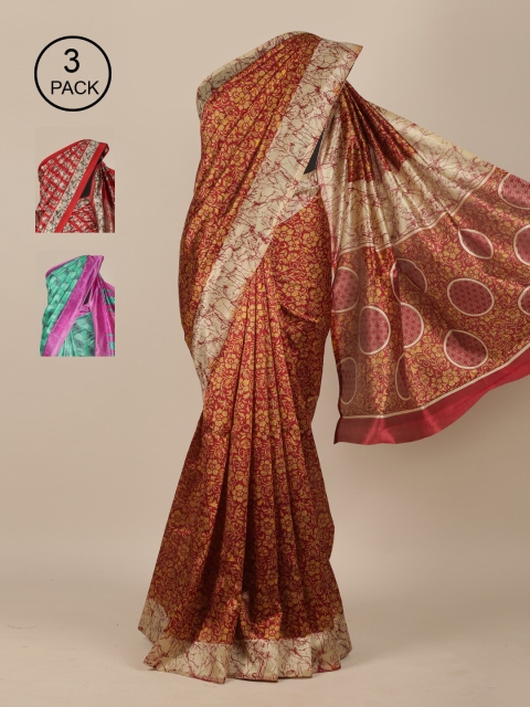 

Pothys Pack Of 3 Floral Jute Silk Sarees, Maroon