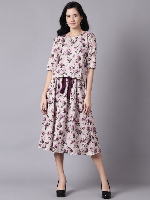 

AASI - HOUSE OF NAYO Women Beige & Violet Printed Top with Skirt