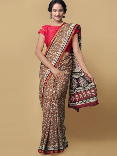 

Unnati Silks Women Brown Pure Bagru Printed Mulmul Cotton Sustainable Saree